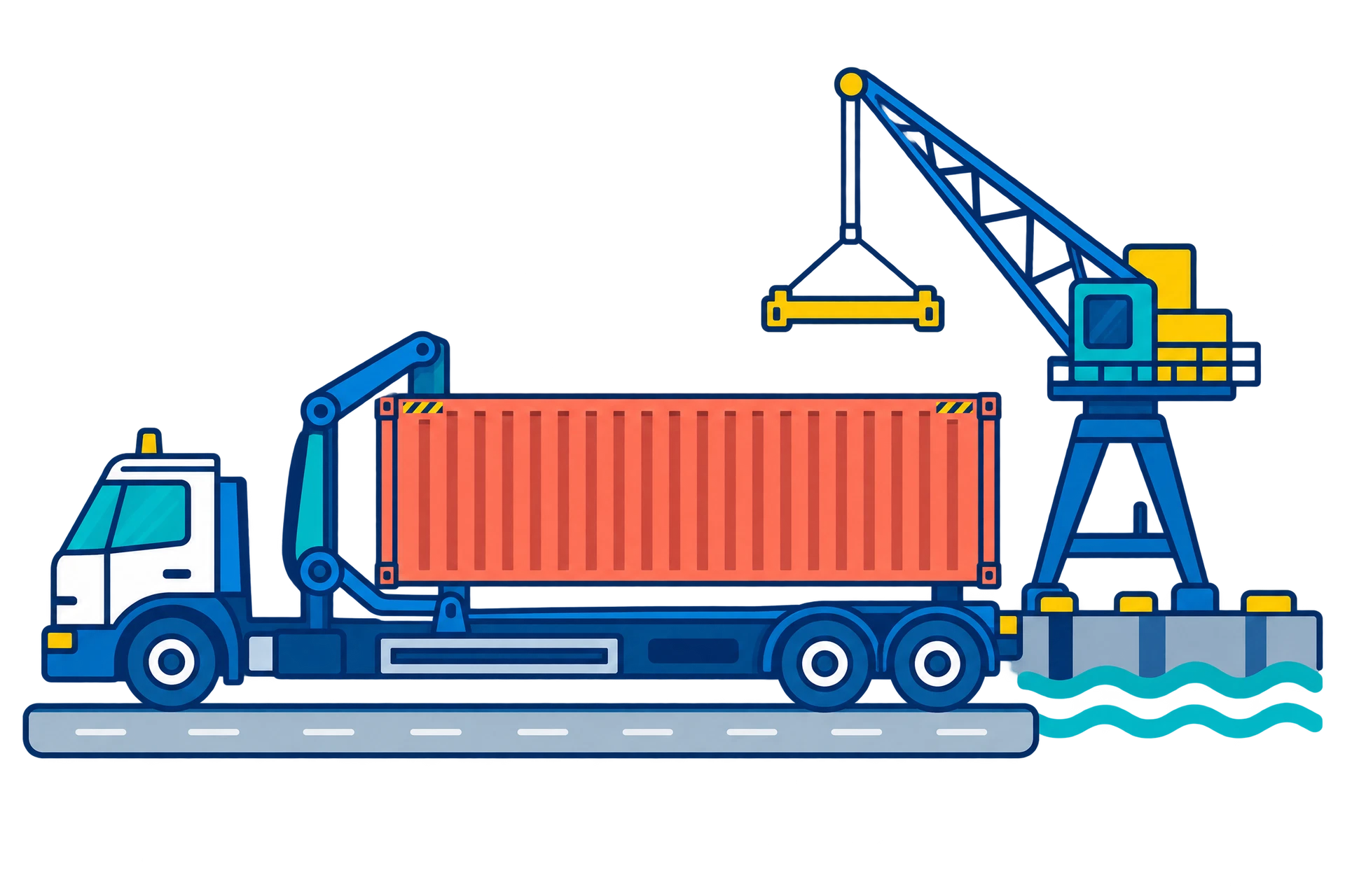 Illustration of a container, side-loader truck and harbour crane