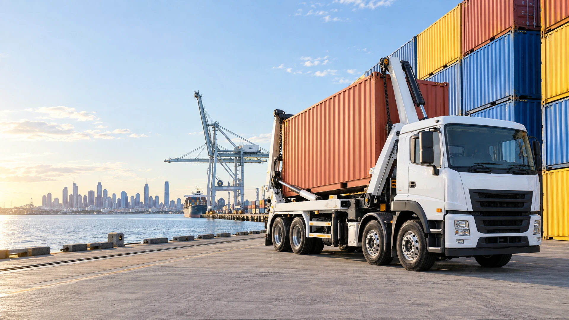 Side-loader truck carrying a shipping container at a harbour